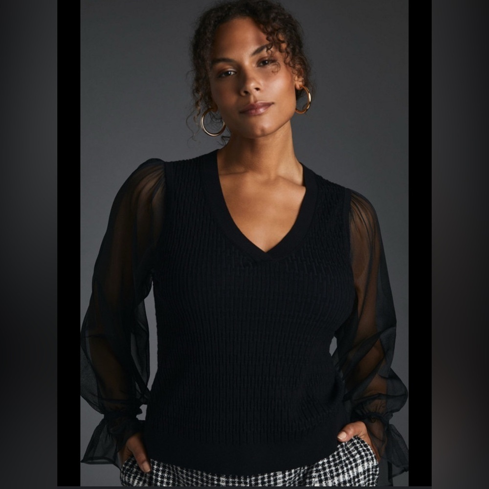 Anthropologie Black Blouse with Sheer Sleeves